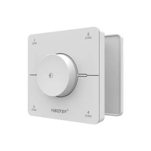 Modern, fehér, érintésérzékeny MiBoxer 4-zónás fali vezérlőpanel RF technológiával, CCT és egyszínű LED szalagokhoz.
