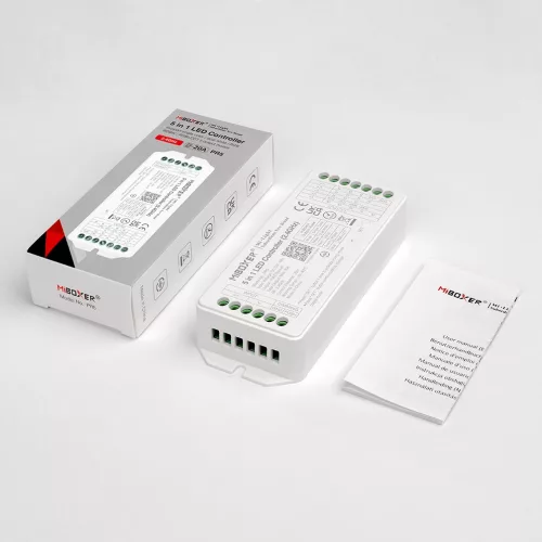 MiLight / MiBoxer 5 az 1-ben LED szalag vezérlő max. 960W teljesítménnyel, Egyszínű, CCT, RGBW és RGB+CCT szalagokhoz.