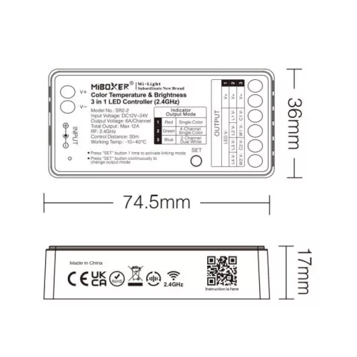 MiLight univerzális LED szalag vezérlő Egyszínű/CCT 12/24V 12A (2,4 GHz)