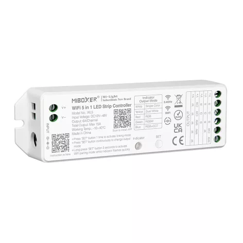 MiLight / MiBoxer 5 az 1-ben WIFI OKOS LED szalag vezérlő max. Egyszínű, RGB, RGBW és RGB+CCT szalagokhoz.