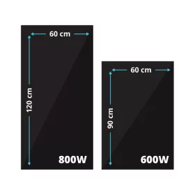 Prémium, fehér üveg infrapanel egy modern, minimalista nappali falán, egy elegáns kanapé fölött 600W