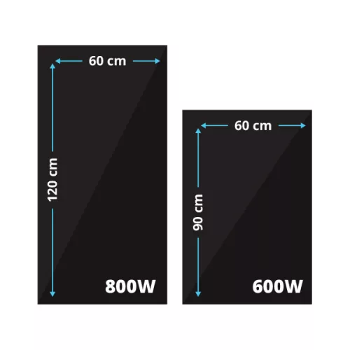 Prémium, fehér üveg infrapanel egy modern, minimalista nappali falán, egy elegáns kanapé fölött 600W