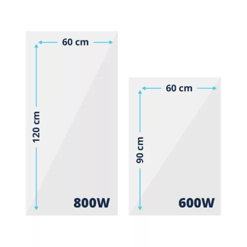 Prémium, fehér üveg infrapanel egy modern, minimalista nappali falán, egy elegáns kanapé fölött 600W
