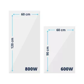 Prémium, fehér üveg infrapanel egy modern, minimalista nappali falán, egy elegáns kanapé fölött 800W