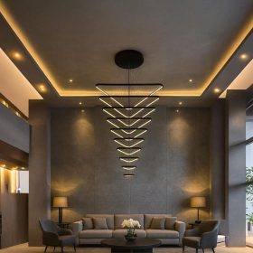 Nedes Triangle 385W-os óriás LED függőlámpa, 3x1 méteres fekete alumínium profilból, távirányítóval szabályozható fényerővel és színhőmérséklettel (3000K-6500K)