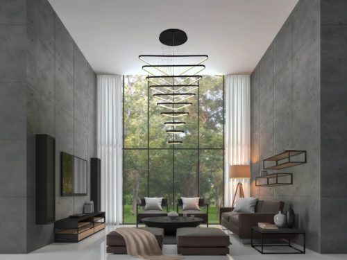 Nedes Triangle 385W-os óriás LED függőlámpa, 3x1 méteres fekete alumínium profilból, távirányítóval szabályozható fényerővel és színhőmérséklettel (3000K-6500K)