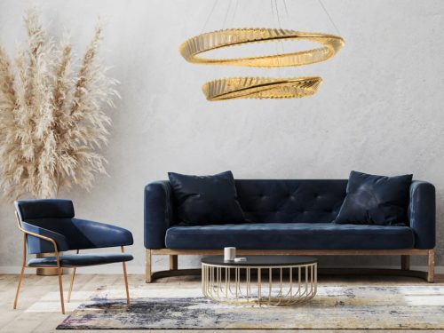 NEDES Aura 90W LED kristály csillár exkluzív arany kivitelben, dimmelhető és színhőmérséklet-szabályozható funkcióval, távirányítóval és Bluetooth mobilapplikációval vezérelhető