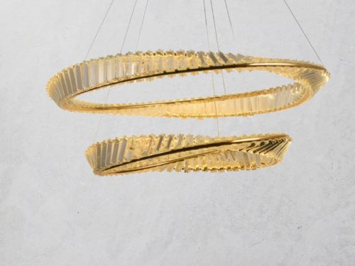 NEDES Aura 90W LED kristály csillár exkluzív arany kivitelben, dimmelhető és színhőmérséklet-szabályozható funkcióval, távirányítóval és Bluetooth mobilapplikációval vezérelhető