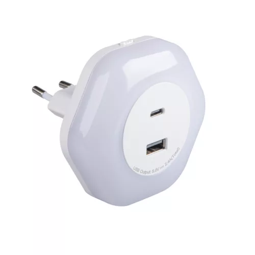 Kanlux BOLA éjszakai irányfény alkonykapcsolóval és 2xUSB csatlakozóval, Meleg fehér 0,22W