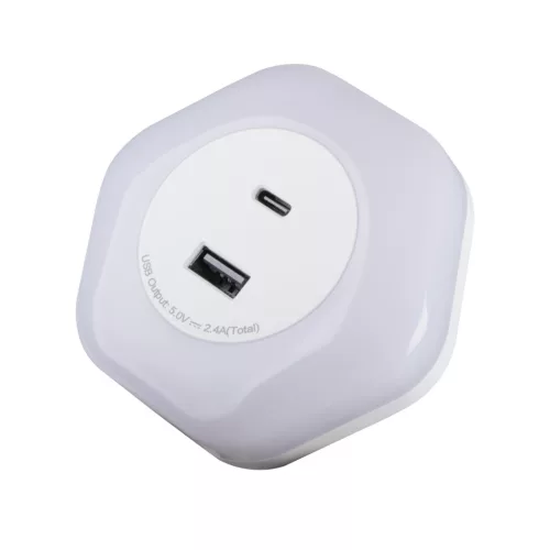 Kanlux BOLA éjszakai irányfény alkonykapcsolóval és 2xUSB csatlakozóval, Meleg fehér 0,22W
