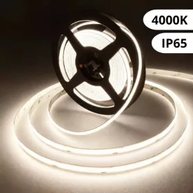 Vízálló és páraálló IP65 védettségű pöttymentes 24V COB LED szalag természetes fehér 4000K fénnyel, 5 méteres tekercsben, 1050 lumen
