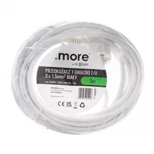 Földelt lengő hosszabbító 5 méter 1 aljzat 3x1.5mm 230V, Max. 2500W, 16A, fehér