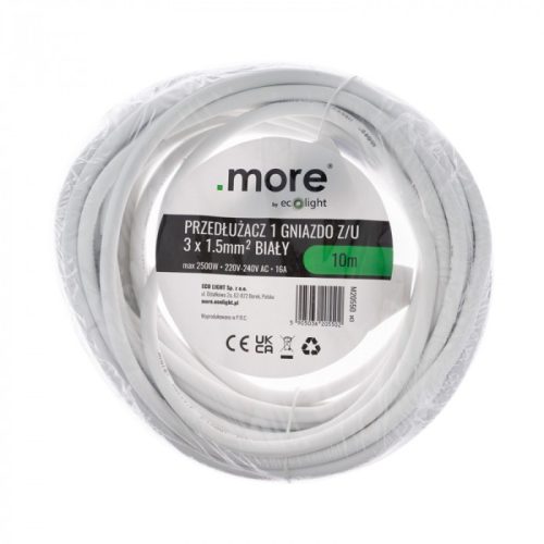 Földelt lengő hosszabbító 10 méter 1 aljzat 3x1.5mm 230V, Max. 2500W, 16A, fehér