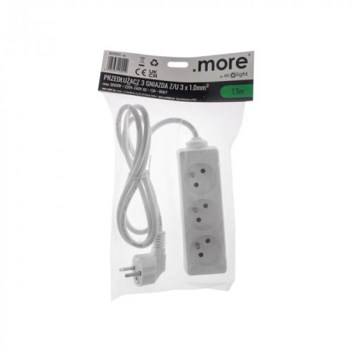 Hálózati elosztó, hosszabbító 3 aljzattal 3x1.0mm 1.5 méter kábel, 230V, Max. 3000W, 13A IP20 – fehér