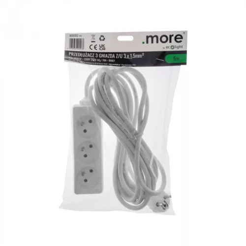 Hálózati elosztó, hosszabbító 3 aljzattal 3x1.5mm 5 méter kábel, 230V, Max. 3680W, 16A IP20 – fehér