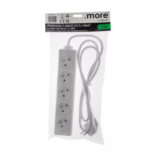 Hálózati elosztó, hosszabbító 5 aljzattal 3x1.0mm 1.5 méter kábel, 230V, Max. 3000W, 13A IP20 – fehér