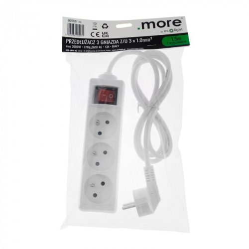 Kapcsolós hálózati elosztó, hosszabbító 3 aljzattal 3x1.0mm 1.5 méter kábel, 230V, Max. 3000W, 13A IP20 – fehér