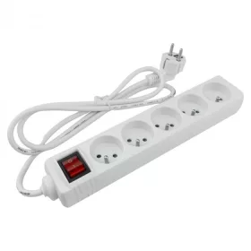   Kapcsolós hálózati elosztó, hosszabbító 5 aljzattal 3x1.0mm 1.5 méter kábel, 230V, Max. 3000W, 13A IP20 – fehér