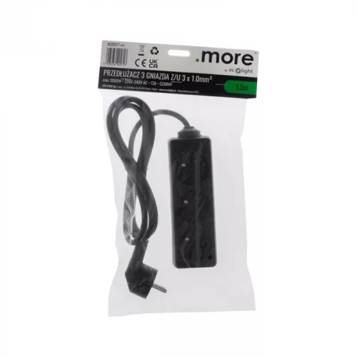 Hálózati elosztó, hosszabbító 3 aljzattal 3x1.0mm 1.5 méter kábel, 230V, Max. 3000W, 13A IP20 – fekete