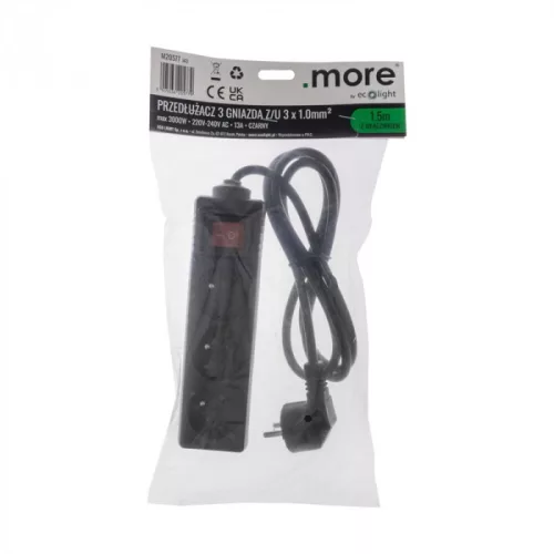 Kapcsolós hálózati elosztó, hosszabbító 3 aljzattal 3x1.0mm 1.5 méter kábel, 230V, Max. 3000W, 13A IP20 – fekete