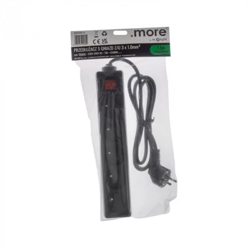 Kapcsolós hálózati elosztó, hosszabbító 5 aljzattal 3x1.0mm 1.5 méter kábel, 230V, Max. 3000W, 13A IP20 – fekete
