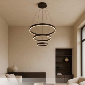 Modern, 77W-os Coma LED gyűrű csillár három, 20-40-60cm-es fekete gyűrűvel, CCT színhőmérséklet-váltással és távirányítóval