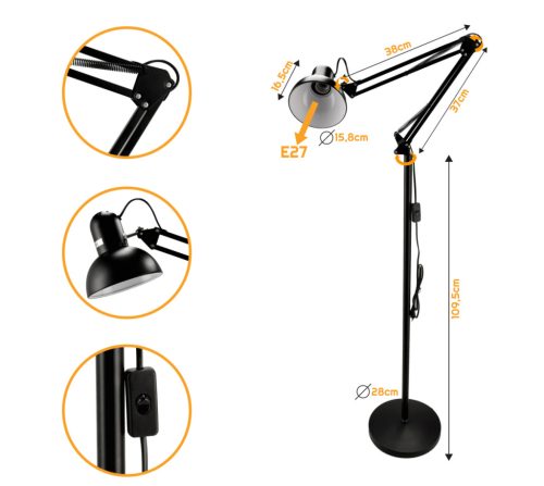 Berge Berlin 2in1 állólámpa 185cm E27-es foglalattal fekete 