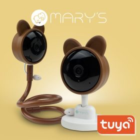 MARY'S okos WiFi bébiőr kamera barna maci formában, Tuya applikációval, beépített hőmérséklet-érzékelővel és altatódal funkcióval, éjjellátóval