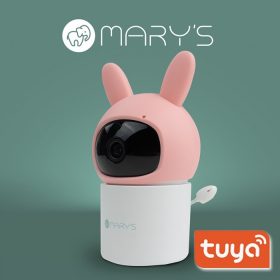 MARY'S okos WiFi bébiőr kamera rózsaszín nyuszi formában, távolról forgatható PTZ funkcióval, Tuya applikációval és éjjellátóval.