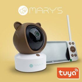 MARY'S 2az1-ben LCD kijelzős okos bébiőr szett, barna maci kamerával és különálló monitorral, WiFi és Tuya app támogatással.
