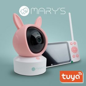 MARY'S 2az1-ben LCD kijelzős okos bébiőr szett, rózsaszín kamerával és különálló monitorral, WiFi és Tuya app támogatással.