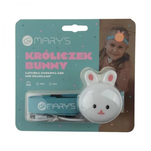 Imádnivaló nyuszi formájú újratölthető gyermek LED fejlámpa színes RGB és fehér fénnyel, USB-C csatlakozóval