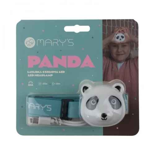 Imádnivaló panda formájú újratölthető gyermek LED fejlámpa színes RGB és fehér fénnyel, USB-C csatlakozóval