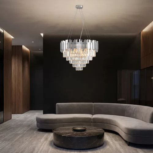 NEDES N2212 PLAZA extra nagy 60 cm-es kerek kristály függőlámpa állítható magassággal és fényes ezüst vázzal