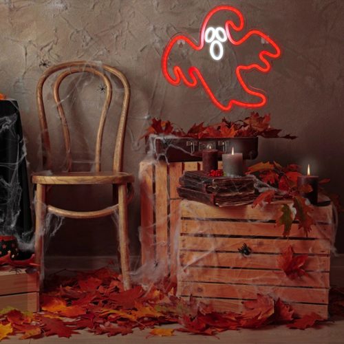 Pirosan világító LED neon szellem, kísérteties hangulatú Halloween dekorációként