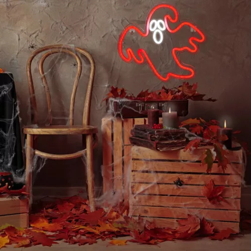 Pirosan világító LED neon szellem, kísérteties hangulatú Halloween dekorációként