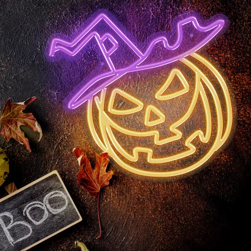Narancs és lila színben világító LED neon átkozott tök a Forever Lighttól, USB-ről működő Halloween dekorációként