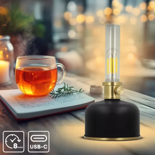 Retro stílusú, fekete petróleum LED lámpa pislákoló fénnyel, dekorációs célokra