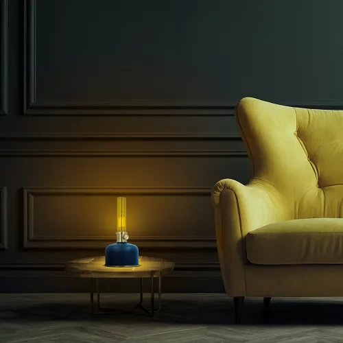Retro stílusú, kék petróleum LED lámpa pislákoló fénnyel, dekorációs célokra