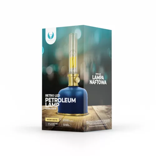 Retro stílusú, kék petróleum LED lámpa pislákoló fénnyel, dekorációs célokra