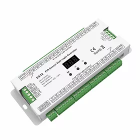 SD-ES32 lépcső LED vezérlő 32 lépcsőfokhoz, kompatibilis egyszínű és digitális SPI RGB LED szalagokkal, dinamikus fel/le futó fényeffektekhez, mozgásérzékelős aktiválással, állítható paraméterekkel