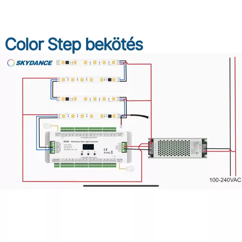 SD-ES32 lépcső LED vezérlő 32 lépcsőfokhoz, kompatibilis egyszínű és digitális SPI RGB LED szalagokkal, dinamikus fel/le futó fényeffektekhez, mozgásérzékelős aktiválással, állítható paraméterekkel