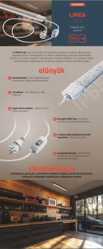 LIMEA Por-és Páramentes LED Armatúra 150cm 45W 4000K 6000 lm IP65 - 2 méter kábellel és dugvillával