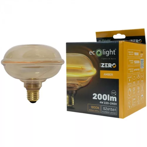 Nagyméretű, borostyánszínű G130 vintage LED izzó egyedi, UFO stílusú filamenttel