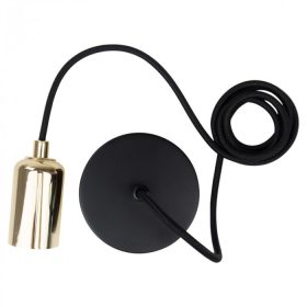 ZERO függesztett lámpafoglalat fényes arany színben, 2 méter hosszú fekete textil kábellel, E27 izzóhoz