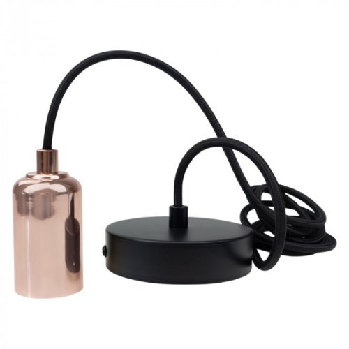 ZERO függesztett lámpafoglalat fényes rózsaarany színben, 2 méter hosszú fekete textil kábellel, E27 izzóhoz