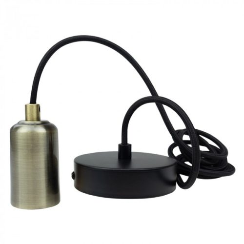 ZERO függesztett lámpafoglalat fényes sárgaréz színben, 2 méter hosszú fekete textil kábellel, E27 izzóhoz