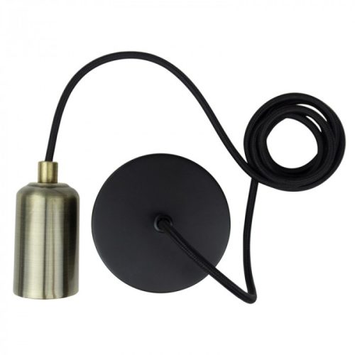 ZERO függesztett lámpafoglalat fényes sárgaréz színben, 2 méter hosszú fekete textil kábellel, E27 izzóhoz