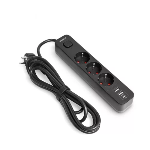 Oncord Professzionális 3-as Hosszabbító Kapcsolóval 2xUSB-A és 1xUSB-C Csatlakozóval 3 Méter Kábel Fekete 230V Max. 3680W 16A IP20 – Videx