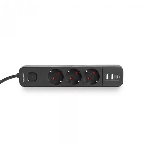 Oncord Professzionális 3-as Hosszabbító Kapcsolóval 2xUSB-A és 1xUSB-C Csatlakozóval 3 Méter Kábel Fekete 230V Max. 3680W 16A IP20 – Videx